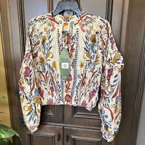 Farm Rio Cream Multi V-Neck Romantic Lightness Voluminous Long Sleeve Blouse